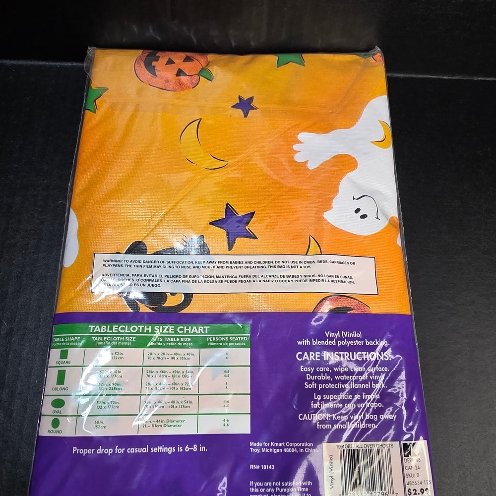 Pumpkin Time Tablecloth Unisex 52x70 Orange Halloween Ghost Cat Vinyl Oblong - Picture 3 of 6
